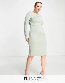 Flash Sale 😀 Public Desire Curve Double Layered Slinky Back Detail Midi 👗 Dress In Sage Green For Women 👍