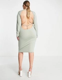 Flash Sale 😀 Public Desire Curve Double Layered Slinky Back Detail Midi 👗 Dress In Sage Green For Women 👍 -Outlet Women's Public Desire Store unnamed file 1017