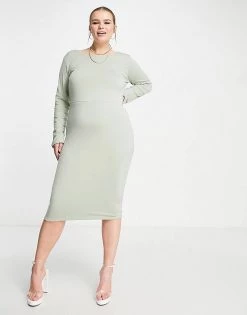 Flash Sale 😀 Public Desire Curve Double Layered Slinky Back Detail Midi 👗 Dress In Sage Green For Women 👍 -Outlet Women's Public Desire Store unnamed file 1018