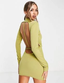 Hot Sale 😀 Public Desire Double Layered Slinky Backless Mini 👗 Dress In Palm Green For Women 👏 -Outlet Women's Public Desire Store unnamed file 1023