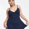 Cheap ✔️ Public Desire Curve Double Layered Slinky Low Back Skater 👗 Dress In Navy For Women 🧨 -Outlet Women's Public Desire Store unnamed file 1055