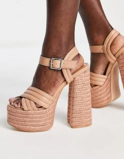 Discount 🧨 Public Desire Heart Stops Platform Heel 🩴 Sandals In Beige Pu For Women 😍