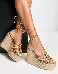 Coupon ❤️ Public Desire Chakra Espadrille Wedge Heeled 🩴 Sandals In Gold For Women 😉