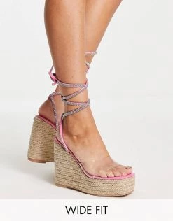 Flash Sale 👍 Public Desire Wide Fit Sunbeam Espadrille Wedge Heeled 🩴 Sandals With Diamante Ankle Tie In Pink For Women 👍