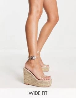 Cheap 😉 Public Desire Wide Fit Espadrille Wedge Heeled 🩴 Sandals In Beige With Clear Strap For Women 😉