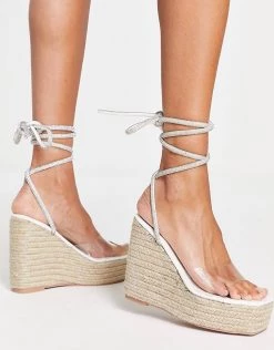 Coupon 😀 Public Desire Sunbeam Espadrille Wedge Heeled 🩴 Sandals With Diamante Ankle Tie In White For Women 🌟 -Outlet Women's Public Desire Store unnamed file 1243