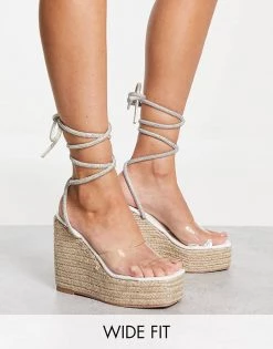 Discount 🎁 Public Desire Wide Fit Sunbeam Espadrille Heeled 🩴 Sandals With Ankle Tie In White For Women 🔥