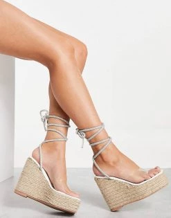 Discount 🎁 Public Desire Wide Fit Sunbeam Espadrille Heeled 🩴 Sandals With Ankle Tie In White For Women 🔥 -Outlet Women's Public Desire Store unnamed file 1247