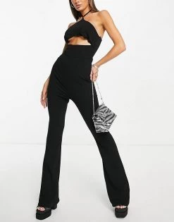 Deals 🛒 Public Desire Halterneck Flared Jumpsuit In Washed Black For Women ✔️