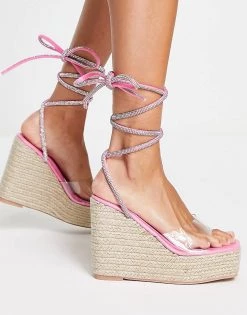 Deals 😍 Public Desire Sunbeam Espadrille Wedge Heeled 🩴 Sandals With Diamante Ankle Tie In Pink For Women ✨ -Outlet Women's Public Desire Store unnamed file 1277