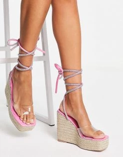 Deals 😍 Public Desire Sunbeam Espadrille Wedge Heeled 🩴 Sandals With Diamante Ankle Tie In Pink For Women ✨ -Outlet Women's Public Desire Store unnamed file 1278