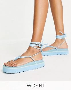 Buy ✔️ Public Desire Wide Fit Bebe Flatform 🩴 Sandals With Ankle Tie In Blue For Women ❤️
