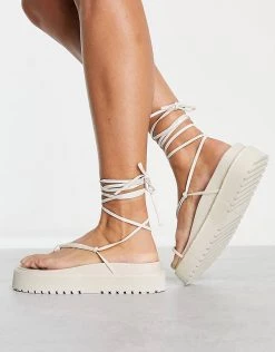 Deals 😀 Public Desire Wide Fit Bebe Flatform 🩴 Sandals With Ankle Tie In White For Women 🥰 -Outlet Women's Public Desire Store unnamed file 1312