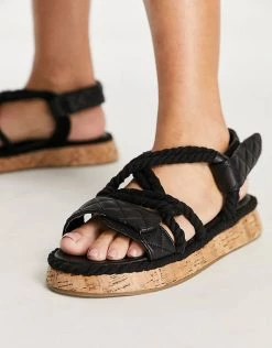 New 🥰 Public Desire Wide Fit Miami Quilted Rope Flatform 🩴 Sandals In Black For Women 🧨 -Outlet Women's Public Desire Store unnamed file 1352