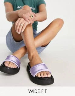 Best Sale 🎉 Public Desire Wide Fit Woke Flatform Slides In Lilac Satin For Women 🎉 -Outlet Women's Public Desire Store unnamed file 1364