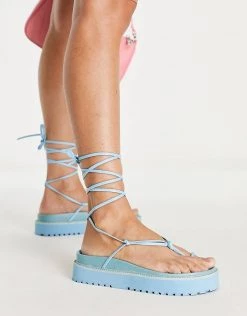 Outlet 👍 Public Desire Bebe Flatform 🩴 Sandals With Ankle Tie In Blue For Women 🎁 -Outlet Women's Public Desire Store unnamed file 1372