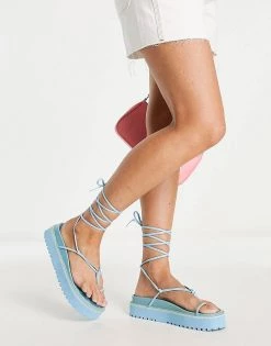Outlet 👍 Public Desire Bebe Flatform 🩴 Sandals With Ankle Tie In Blue For Women 🎁 -Outlet Women's Public Desire Store unnamed file 1373