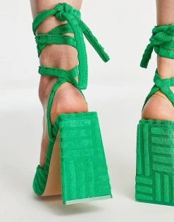 Buy 😉 Public Desire Mojito Tie Up Block Heel 🩴 Sandals In Green Towelling For Women 🔔 -Outlet Women's Public Desire Store unnamed file 1386