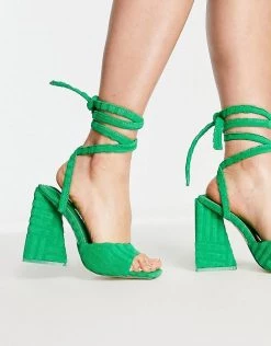 Buy 😉 Public Desire Mojito Tie Up Block Heel 🩴 Sandals In Green Towelling For Women 🔔 -Outlet Women's Public Desire Store unnamed file 1388