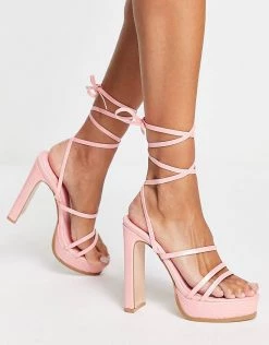 Best Sale 🎉 Public Desire Gimme Tie Up Platform Heel 🩴 Sandals In Pink For Women 🛒