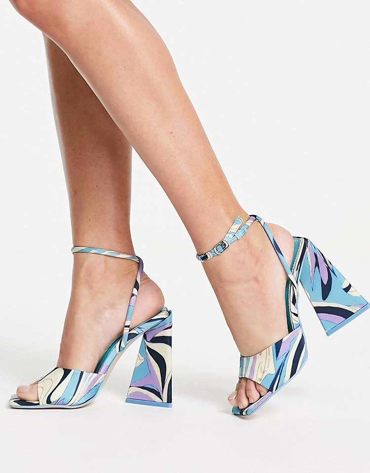 Cheapest ๐ Public Desire Eagle Pyramid Heel ๐ฉด Sandals With Ankle Strap In Blue Print For Women Blue Multi ๐ 5 Cheapest ๐ Public Desire Eagle Pyramid Heel ๐ฉด Sandals With Ankle Strap In Blue Print For Women Blue Multi ๐ - Image 3