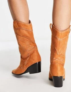 Cheapest 🧨 Public Desire Howdy Western 🥾 Boots In Tan Micro For Women Tan/cream Stitch ⭐ -Outlet Women's Public Desire Store unnamed file 1421