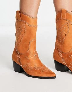 Cheapest 🧨 Public Desire Howdy Western 🥾 Boots In Tan Micro For Women Tan/cream Stitch ⭐ -Outlet Women's Public Desire Store unnamed file 1422