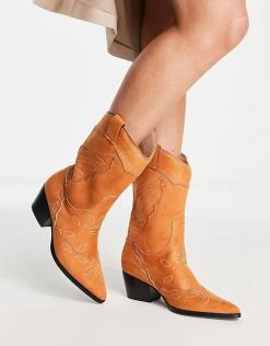 Cheapest 🧨 Public Desire Howdy Western 🥾 Boots In Tan Micro For Women Tan/cream Stitch ⭐ -Outlet Women's Public Desire Store unnamed file 1423