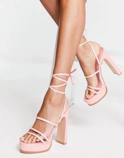 Flash Sale 👍 Public Desire Wide Fit Gimme Tie Up Platform Heel 🩴 Sandals In Pink For Women 🎉 -Outlet Women's Public Desire Store unnamed file 1428