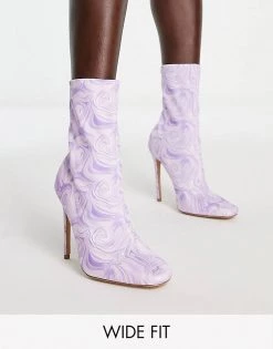 Flash Sale 🤩 Public Desire Wide Fit Lars High Heeled Sock 🥾 Boots In Purple Swirl Print For Women 🌟