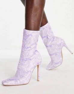 Flash Sale 🤩 Public Desire Wide Fit Lars High Heeled Sock 🥾 Boots In Purple Swirl Print For Women 🌟 -Outlet Women's Public Desire Store unnamed file 1462