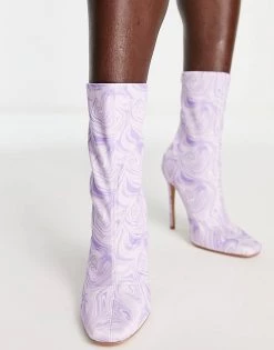 Best Sale 🛒 Public Desire Lars High Heeled Sock 🥾 Boots In Purple Swirl Print For Women 👍 -Outlet Women's Public Desire Store unnamed file 1467