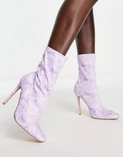 Best Sale 🛒 Public Desire Lars High Heeled Sock 🥾 Boots In Purple Swirl Print For Women 👍 -Outlet Women's Public Desire Store unnamed file 1469