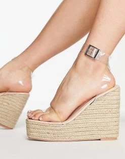 Discount 🔥 Public Desire Peachy Sun Espadrille Wedge Heeled 🩴 Sandals In Beige With Clear Strap For Women ✨ -Outlet Women's Public Desire Store unnamed file 1472