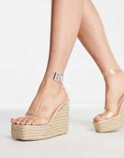 Discount 🔥 Public Desire Peachy Sun Espadrille Wedge Heeled 🩴 Sandals In Beige With Clear Strap For Women ✨ -Outlet Women's Public Desire Store unnamed file 1474