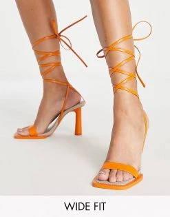 New ✔️ Public Desire Wide Fit Lamour Square Rand Heel 🩴 Sandals In Orange For Women 🎉