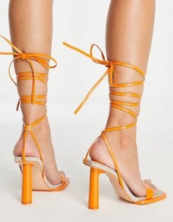 New ✔️ Public Desire Wide Fit Lamour Square Rand Heel 🩴 Sandals In Orange For Women 🎉 -Outlet Women's Public Desire Store unnamed file 1477