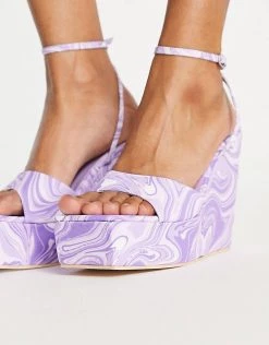 Cheapest 🛒 Public Desire Wide Fit Kempton Wedge Heeled 🩴 Sandals In Lilac Swirl Print For Women 👏 -Outlet Women's Public Desire Store unnamed file 1496