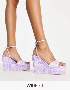 Cheapest 🛒 Public Desire Wide Fit Kempton Wedge Heeled 🩴 Sandals In Lilac Swirl Print For Women 👏 -Outlet Women's Public Desire Store unnamed file 1499