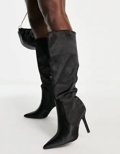 Cheapest 🧨 Public Desire Wide Fit Best Believe Knee High Heel 🥾 Boots In Black Satin For Women 🛒 -Outlet Women's Public Desire Store unnamed file 1523