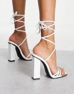 Outlet 🛒 Public Desire Amira Tie Up Block Heel 🩴 Sandals In White For Women 🥰 -Outlet Women's Public Desire Store unnamed file 1577