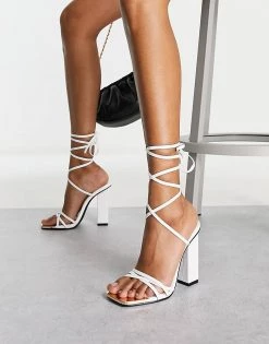 Outlet 🛒 Public Desire Amira Tie Up Block Heel 🩴 Sandals In White For Women 🥰 -Outlet Women's Public Desire Store unnamed file 1579
