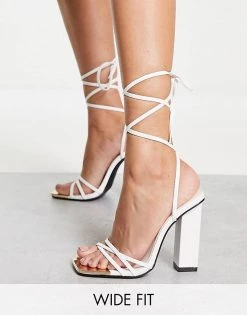 Brand new 😉 Public Desire Wide Fit Amira Tie Up Block Heel 🩴 Sandals In White For Women 👏
