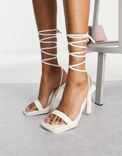 Discount ๐ Public Desire Lamour Square Rand Heel ๐ฉด Sandals In Cream For Women ๐งจ