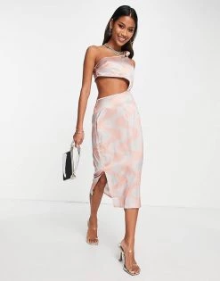 Buy 😉 Public Desire One Shoulder Satin Midi 👗 Dress In Peach Swirl Print For Women 🎁