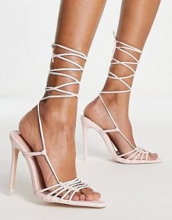Best Pirce 👏 Public Desire Valencia Pointed Toe Heel 🩴 Sandals With Ankle Tie In Pastel Pink For Women 🧨