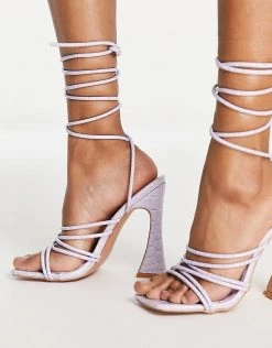 Promo 💯 Public Desire Corbyn Tie Up Heel 🩴 Sandals In Lilac Croc For Women 👍