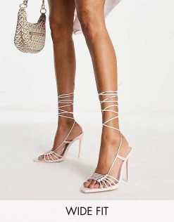 Hot Sale 🧨 Public Desire Wide Fit Valencia Pointed Toe Heel 🩴 Sandals With Ankle Tie In Pastel Pink For Women 🛒