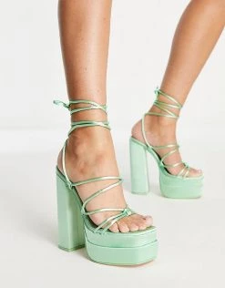 Cheap 🌟 Public Desire Glow Girl Platform Heel 🩴 Sandals In Mint Green For Women Blue ❤️