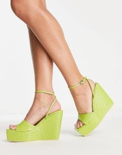 Coupon ❤️ Public Desire Kempton Wedge Heeled 🩴 Sandals In Lime Snake For Women 🎉 -Outlet Women's Public Desire Store unnamed file 1671
